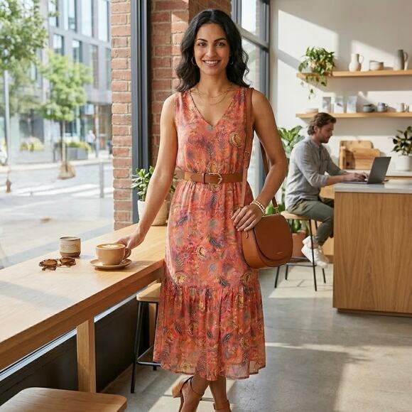 Evereve Dresses & Skirts - EVEREVE Brielle Floral Midi Dress Small Coral Sleeveless Smocked Pockets